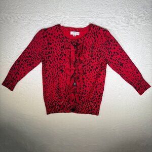 Josephine Studio Red Black Animal Print Button Ruffle 3/4 Sleeve Cardigan Small